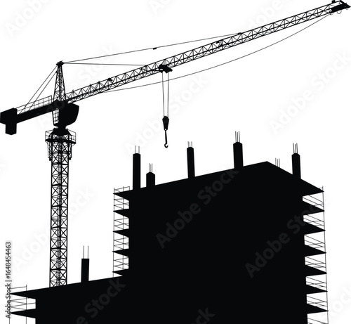 Construction site vector illustration with tower crane and building framework, black silhouette style, ideal for architecture, engineering, urban development, and infrastructure projects
