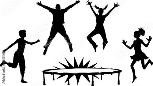Silhouette of children jumping and playing around a trampoline with arms raised in the air having fun
