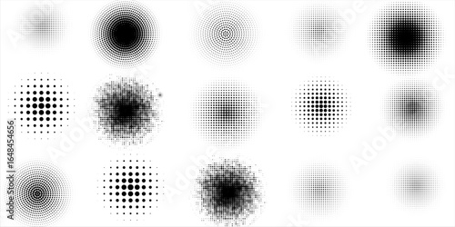 Abstract dotted circles, round halftones geometric dots gradient and pop art texture. Round dotted pattern geometric background