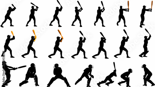 Silhouetted figures of cricket players in various batting stances and protective gear on a white background