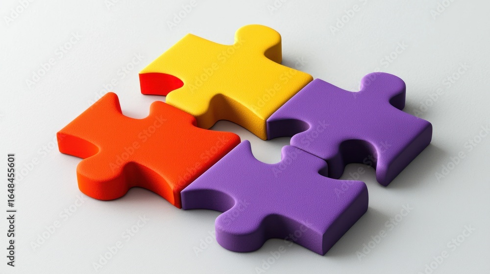 Fototapeta premium Four yellow, red, orange and purple puzzle pieces in isolated setting, teamwork and togetherness theme, 3d illustration, horizontal image