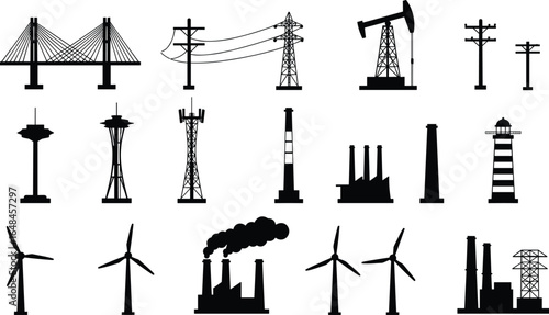 Set of black industrial silhouette icons, featuring power lines, oil pump, wind turbines, factories, chimneys, and lighthouses for energy infrastructure design