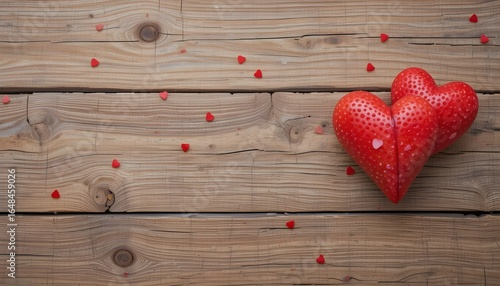Valentine’s Day Background with Two Red Hearts on Wooden Surface