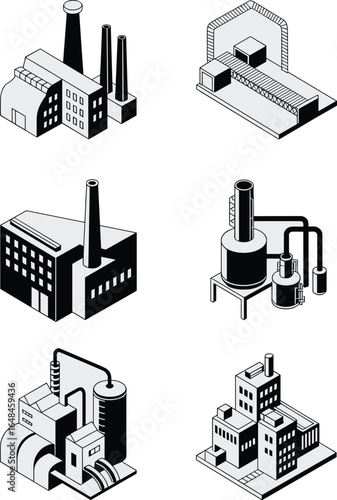 Set of isometric factory, industrial plant, and manufacturing building vector icons in black and white, perfect for production, industry, and infrastructure design.