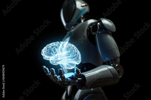 3d render of a robot Futuristic AI Robot Holding Holographic Brain Technology Innovation Concept 3D Render - Artificial Intelligence Digital Mind Cybernetics Science Vision Future Tech Design