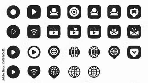 Collection of various black and white icons including play buttons, globes, and social media symbols