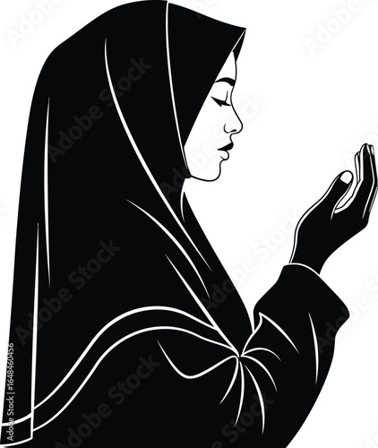 Silhouette of a muslim woman in hijab praying, symbolizes faith, spirituality, and devotion in islamic culture and religious practice