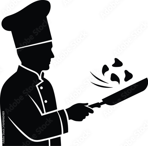 Silhouette of a chef tossing food in a pan, represents culinary skills, restaurant service, and art of cooking delicious meals