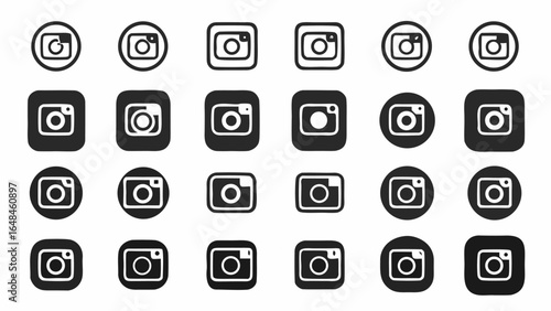 Collection of twenty four camera icons in various shapes and styles arranged in a grid pattern design