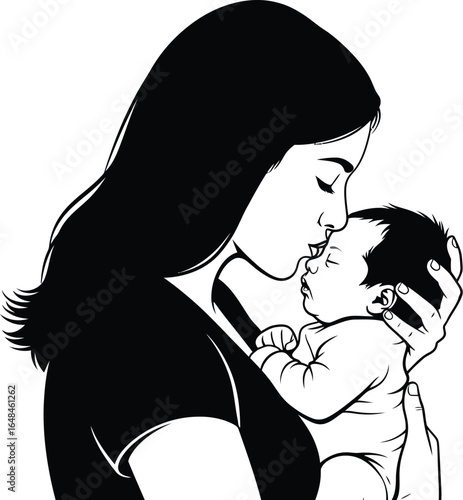 Silhouette of a mother holding her baby with love and tenderness, symbolizing family and maternal care