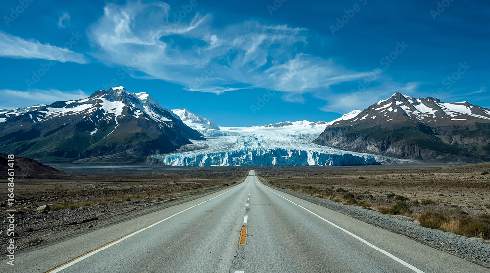 Fototapeta premium A straight, empty highway leads directly towards a majestic, vast glacier flanked by snow-capped mountains under a clear blue sky with wispy clouds.