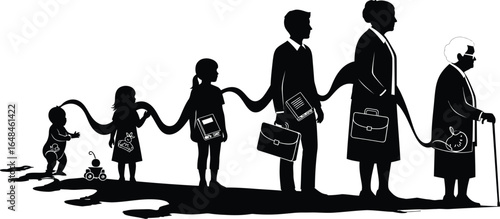 Silhouette of human life cycle from baby to old age, showing stages of life and aging