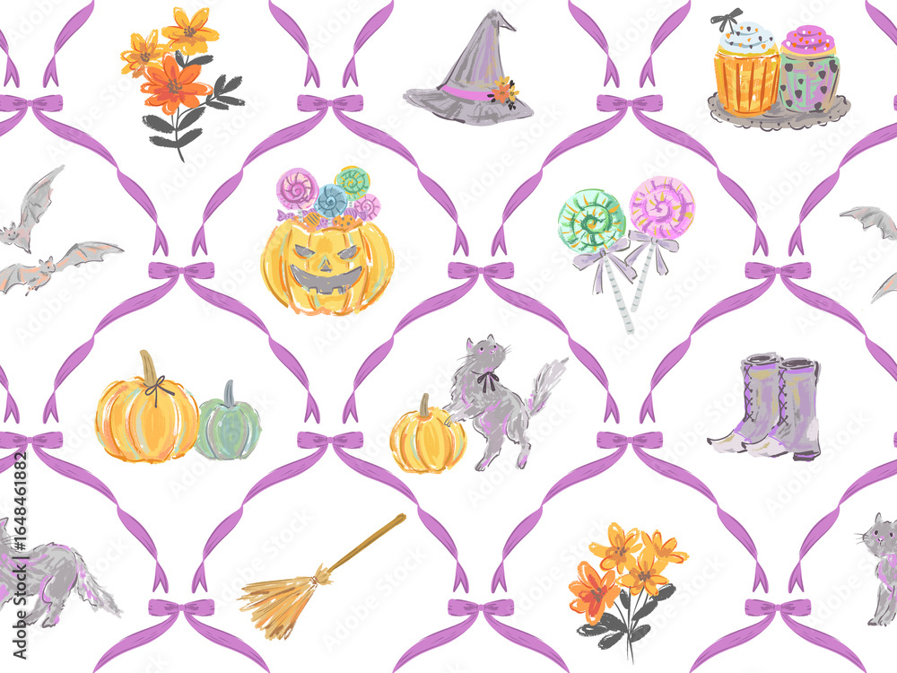 Hand drawn Halloween seamless pattern with pumpkins, jack-o'-lanterns, black cats, bats, flowers, candies, cup cakes, witch hat, boots, ribbon and broomstick on a transparent background. Hand drawn Halloween seamless pattern with pumpkins, jack-o'-lanterns, black cats, bats, flowers, candies, cup cakes, witch hat, boots, ribbon and broomstick on a transparent background.