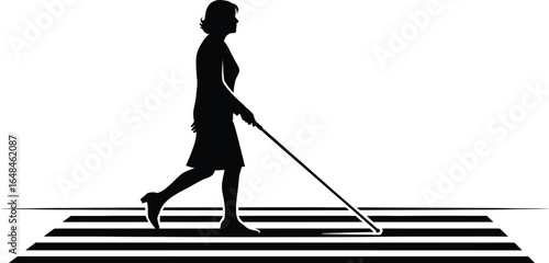 Silhouette of a blind woman walking with a cane a zebra crossing, symbolizing accessibility and independence
