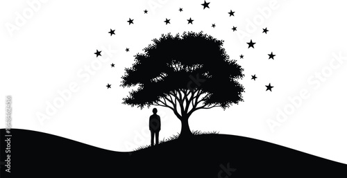Silhouette of a man standing under a tree with stars, evoking a sense of dream, fantasy, and peaceful contemplation