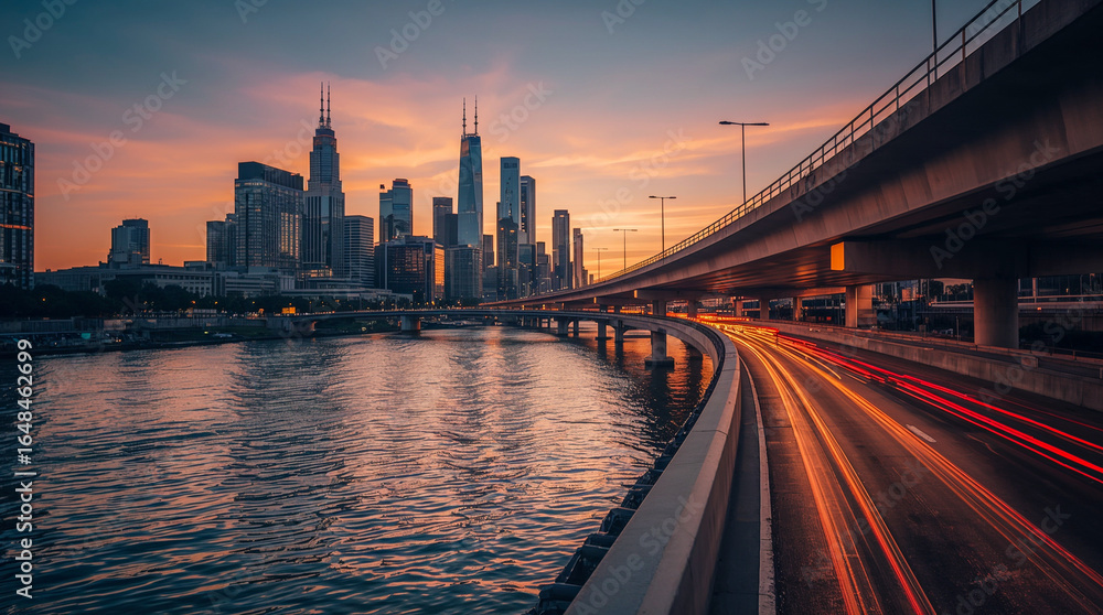 Fototapeta premium A vibrant city skyline at sunset, with a highway featuring light trails curving into the distance over a tranquil river.