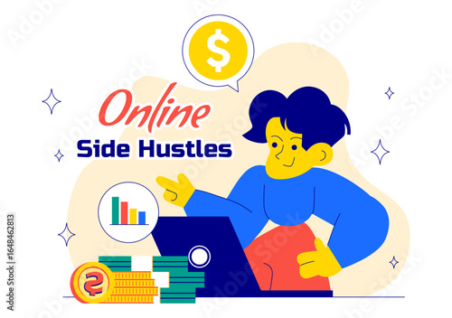 Online Side Hustles Illustration featuring Making Money or Freelancing with Earning Passive Income from Internet Jobs or Side Hustle in a Background