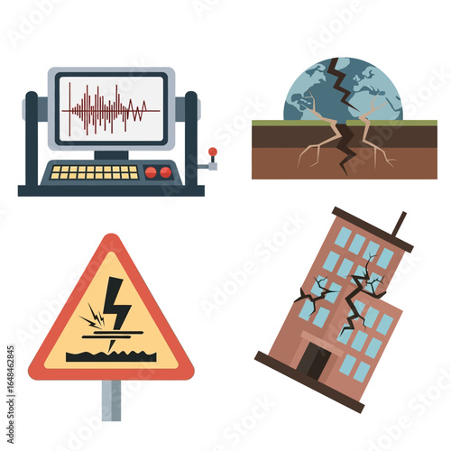Earthquake monitoring equipment, fractured earth, and damaged building, illustrating earthquake effects.