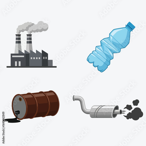 Factory pollution, plastic waste, and industrial emissions depicted in simple icons.