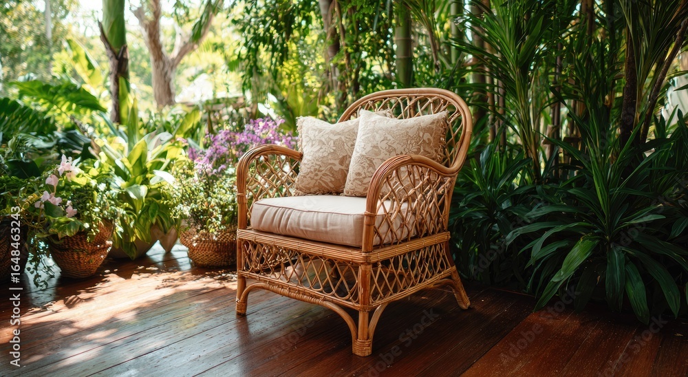 Obraz premium Rattan chair with pillows in lush garden setting
