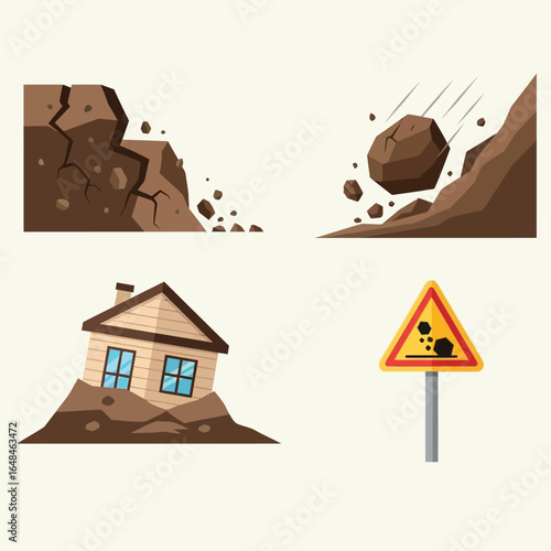 Illustration depicting a landslide, falling rocks, and a house damaged by earth movement, with a warning sign.