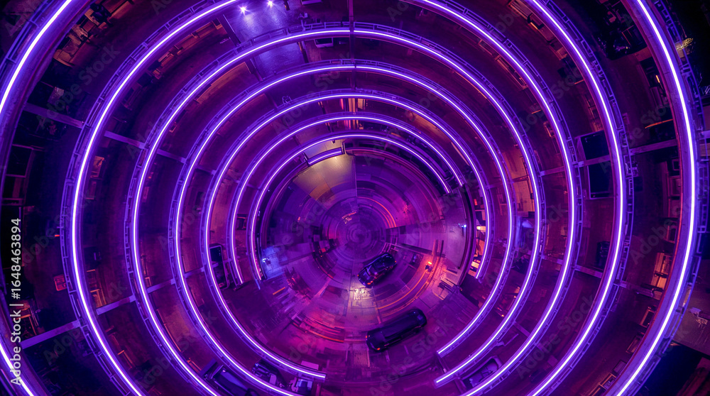 Obraz premium An aerial view of a spiraling structure illuminated by vibrant purple neon lights, with cars visible on different levels. The scene evokes a sense of depth and futuristic design.