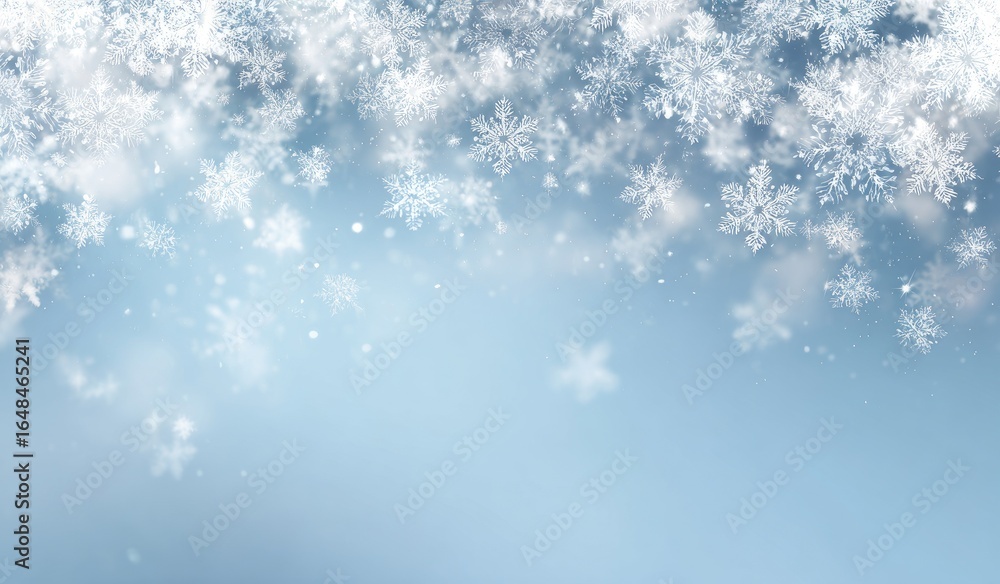 Fototapeta premium Snowflakes falling on a light blue background