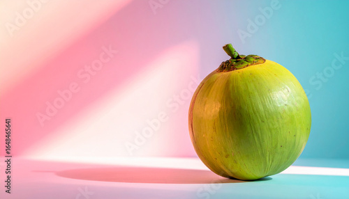 A vibrant green coconut fruit with a small stem, isolated against a colorful background.