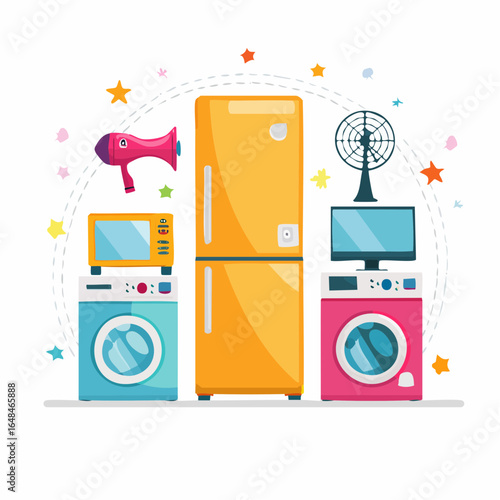 Colorful Flat Design of Home Appliances Refrigerator, Washing Machine, Television, Dryer, Fan, and Microwave