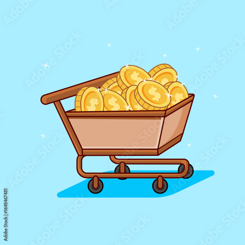Shopping Cart Overloaded with Gold Coins  Vector illustration Cartoon Design