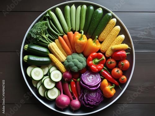 Photorealistic Artistic Vegetable Rainbow Plate on Dark Wooden Table – Top View