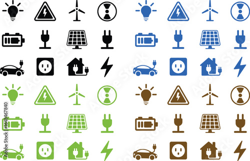 Collection of green energy icons. Icons for renewable energy, green technology. Flat style icon. Environmental sustainability simple symbol - stock vector. Electricity and power icon set. Electric