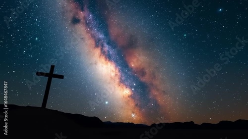 Silhouette Cross Under the Milky Way, Symbol of Faith and Hope, Easter Theme