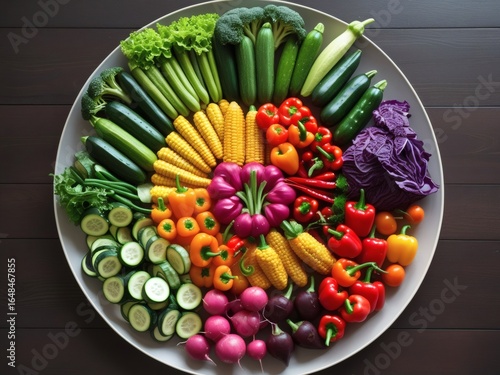 Photorealistic Artistic Vegetable Rainbow Plate on Dark Wooden Table – Top View