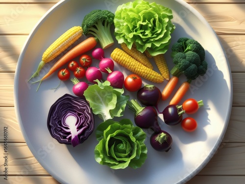 Artistic Clay Plate with Rainbow Vegetables on Garden Table – Natural Outdoor Lighting