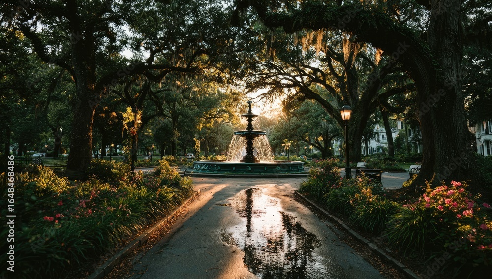 Obraz premium Majestic Fountain in a Lush Park Under Golden Hour Sunlight