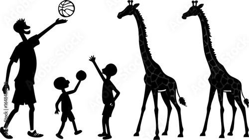 Silhouetted figures of people playing with balls and two giraffes standing next to each other