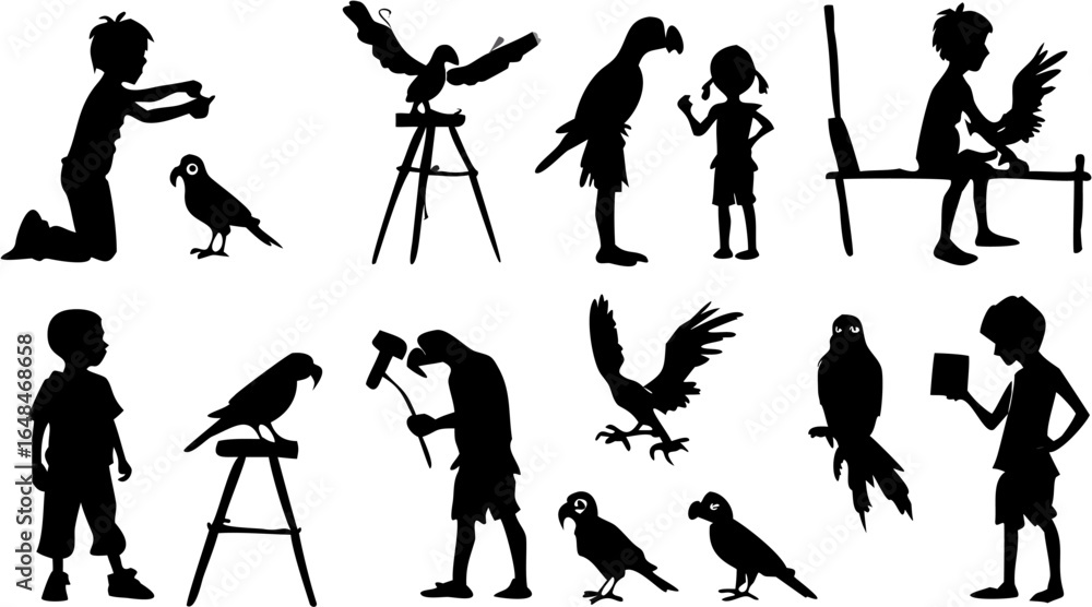 Obraz premium Silhouette image showing children interacting with birds and parrots in various positions and activities