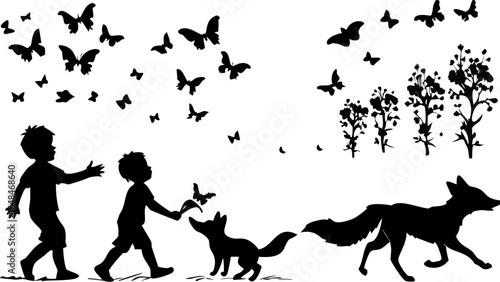Silhouette illustration of children, butterflies, fox, and plants creating a whimsical scene artfully done