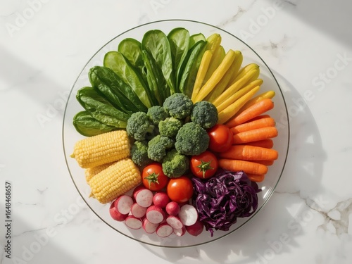 Elegant Glass Plate with Rainbow Vegetables on White Marble Table – Top View in Modern Kitchen