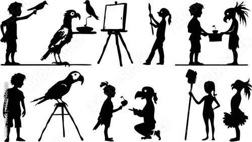 Silhouette illustrations showing children interacting with birds and bird like creatures and art easel