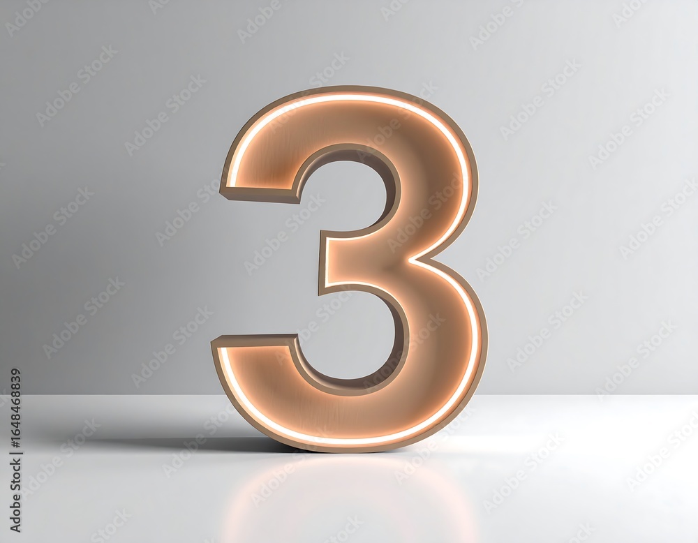 3D rendered, warm-toned number three with neon glow 3D rendered, warm-toned number three with neon glow