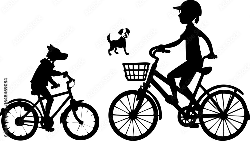 Obraz premium Silhouette of a girl and a dog riding bicycles with another dog standing nearby in a playful scene
