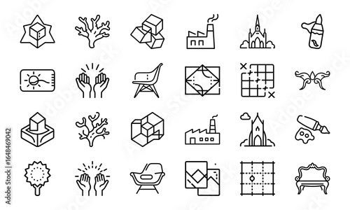 Collection of Minimal Line Art Icons Featuring Architecture, Nature, Furniture, Industry, 3D Shapes, and Artistic Elements for Creative Design Projects