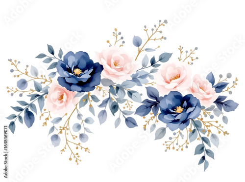 Watercolor floral arrangement featuring blue and pink flowers isolated on transparent background