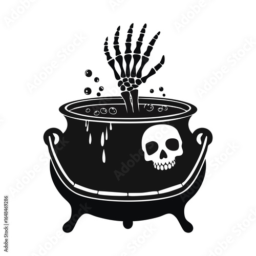 Witch's cauldron with bubbling brew and a skull with skeleton hands, isolated on white.
