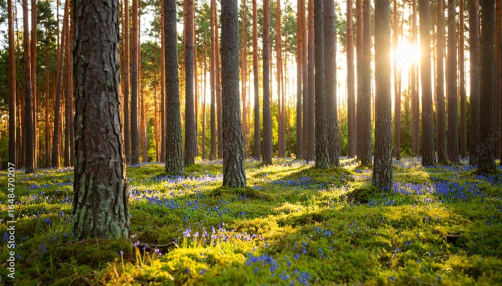 Fototapeta premium Sunlit pine forest floor blanketed in wildflowers