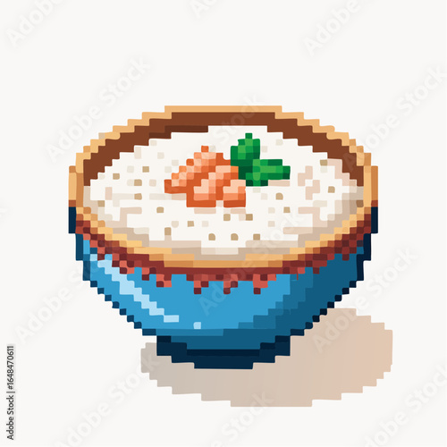 Pixel Art Illustration of Rice Porridge in Blue Bowl