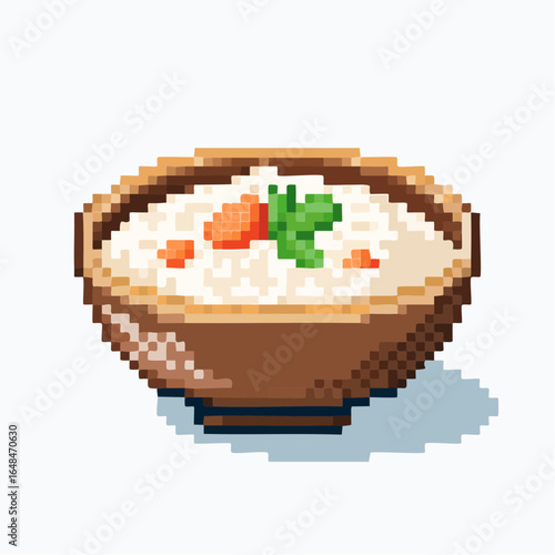 Pixel Art Illustration of Rice Porridge in Blue Bowl