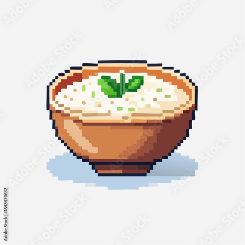 Pixel Art Illustration of Rice Porridge in Blue Bowl